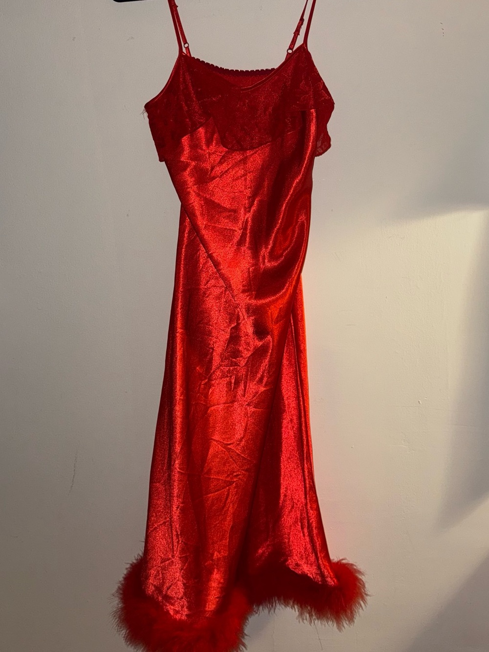 Vintage Red Satin Midi Dress with Feather Trim